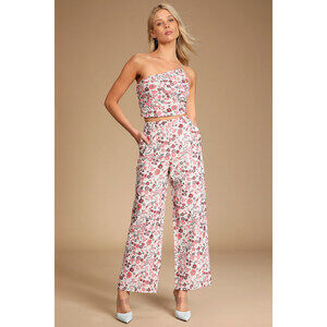 Lulus Floral Jacquard Wide-leg Pants Pink and cropped one shoulder top
